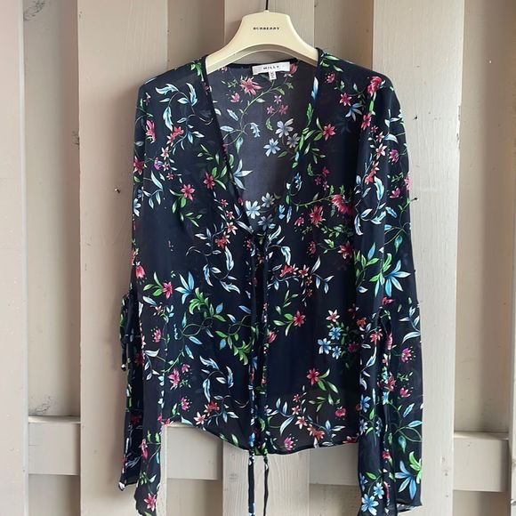 🎀 Milly Maggie v neck black wild flower print silk light weight blouse medium - Picture 3 of 9